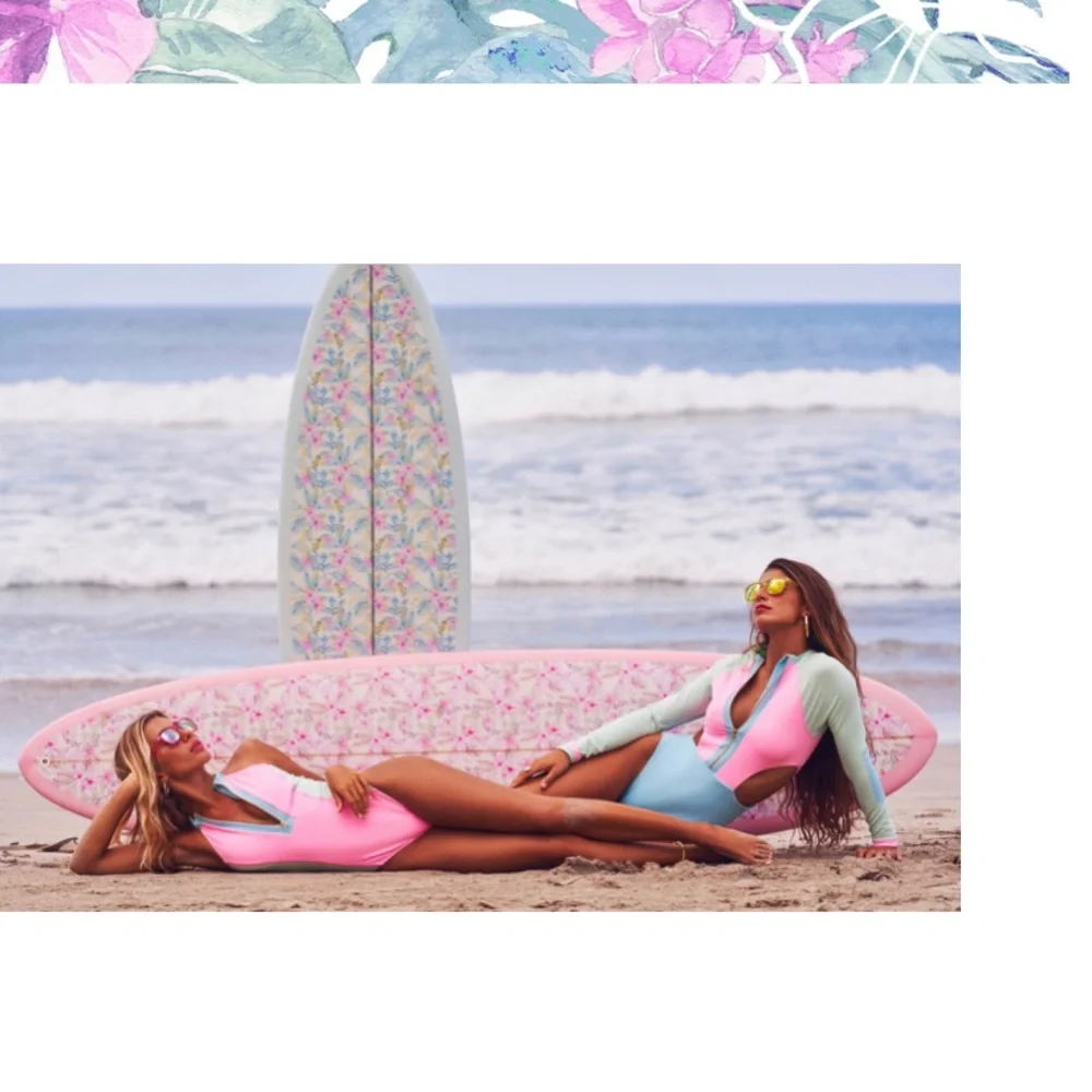 NWT Hurley X Love Shack Fancy collab. High neck, one piece zip swimsuit.Pink/blu - Picture 5 of 10